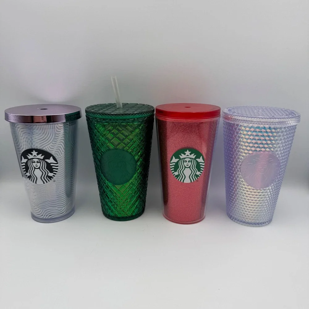 Starbucks Cold Cup Tumbler Lot 4 Green Jewel‎ Red Glitter Studded Silver  16oz